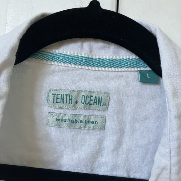 Tenth + Ocean Linen Shirt Mens L White Button Up Short Sleeve Camp Coastal - Picture 2 of 7